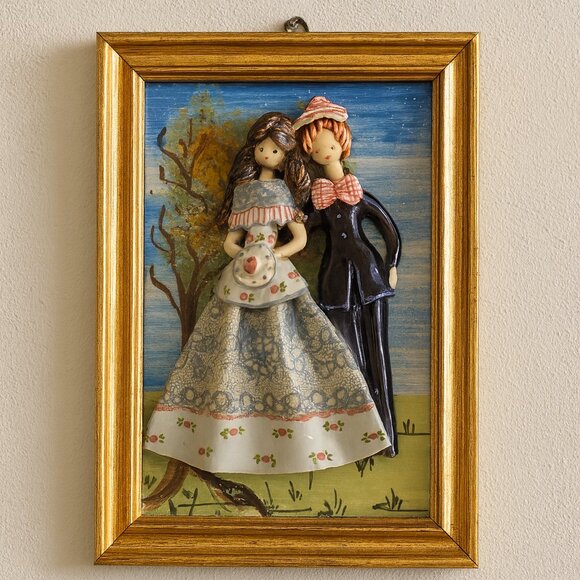 Vintage Handcrafted 3D Clay Wall Plaque Romantic Couple Framed Folk Art 7x - Picture 1 of 3